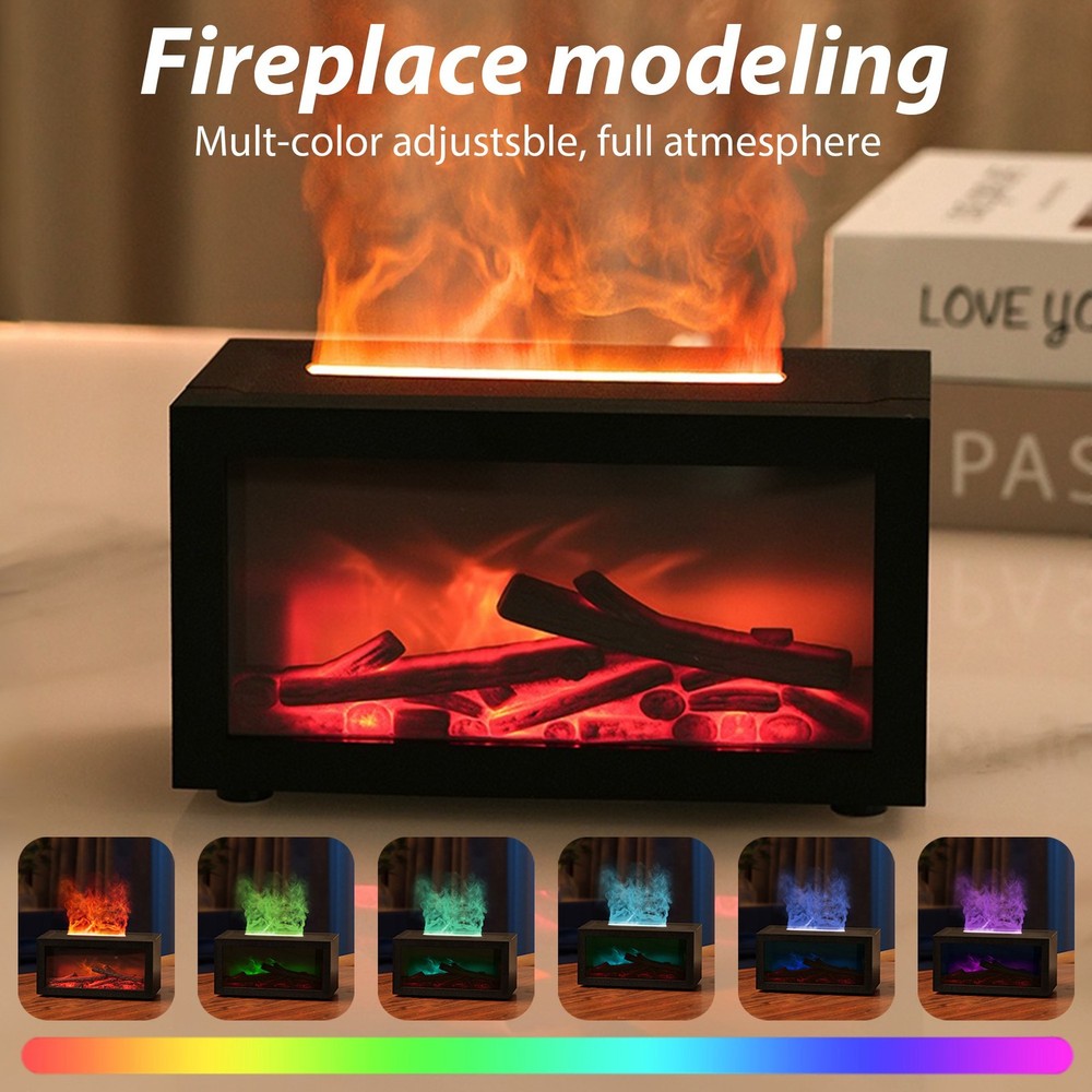 3D Fireplace Diffuser Humidifier with Realistic Flame, Aromatherapy,LED Lights