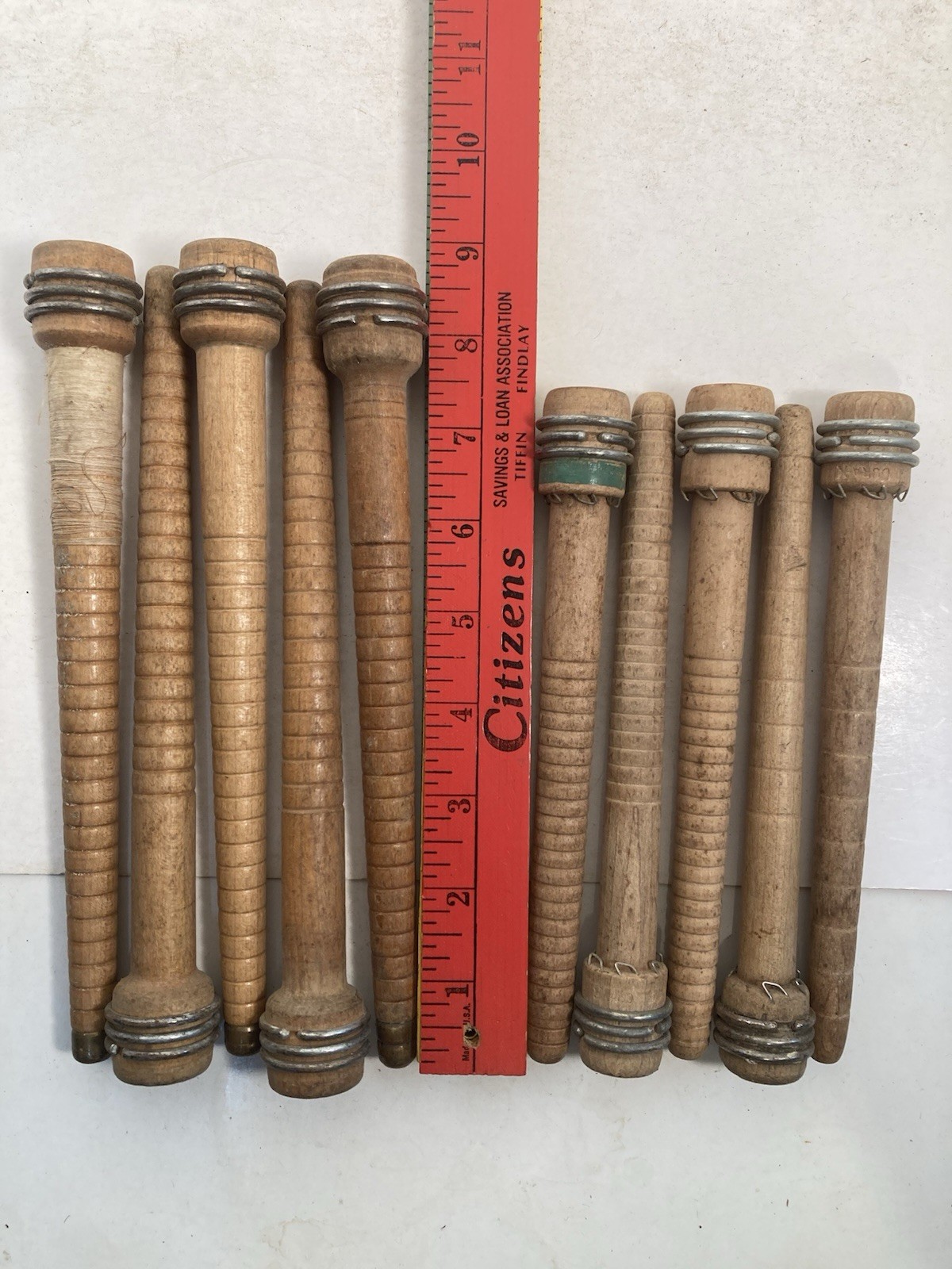 Wood Bobbins Quills Vintage Factory Reclaimed, 8 3/4 and 7 3/8", lot of 10
