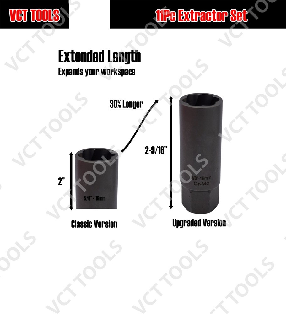 11pc Extra Long Screw, Nut, Bolt, Spark Plug Extractor Set, 1/4" - 3/4"