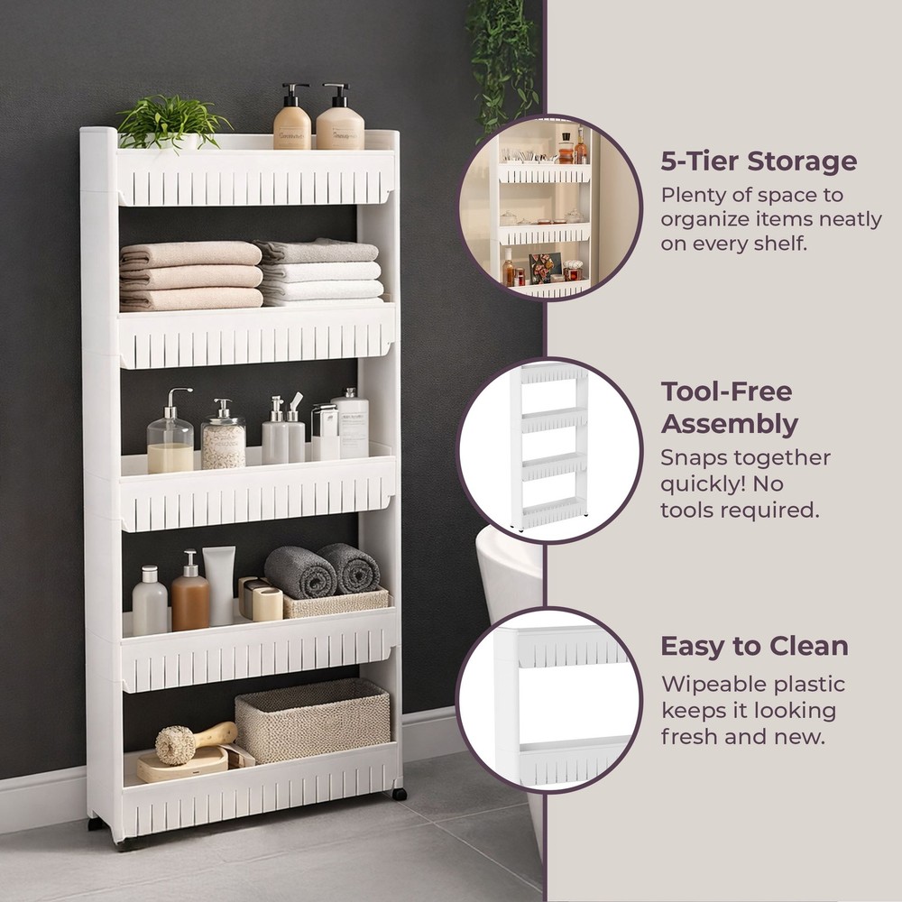 5-Tier Slim Rolling Storage Cart with Wheels (White)