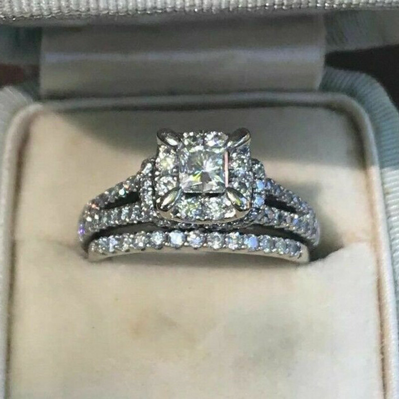 1.8Ctw White Princess Cut Simulated Diamond Wedding Ring Matching 925 Silver Set