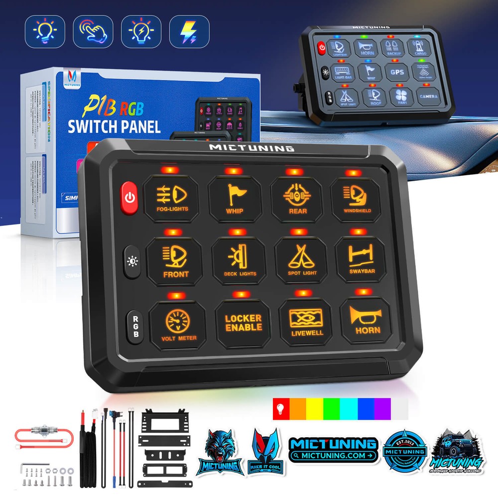 MICTUNING P1B RGB 12 Gang Switch Panel, Momentary Strobe Flash Pulsed Switch Pod