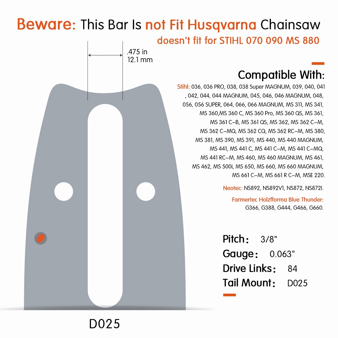 25'' Chainsaw Guide Bar 3/8" 0.063" 84DL Chain For Stihl MS660 381 066 MS362 064