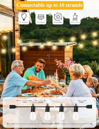 BRIGHTEVER 150FT OUTDOOR STRING LIGHTS 45+2 S14 SHATTERPROOF E12 BASE LED BULBS