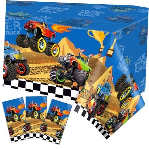 3Pcs Monster Truck Tablecloths Rectangular Plastic Table Covers Kids' Party