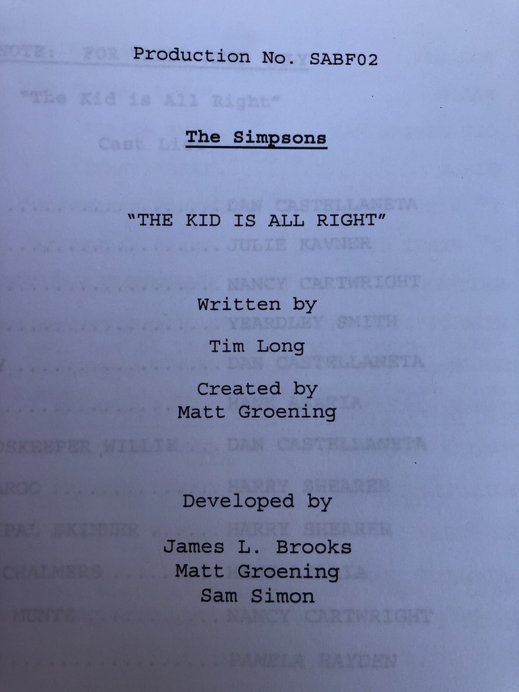 The Simpsons The Kid Is All Right 2013 Table Draft Production Script No SABF02