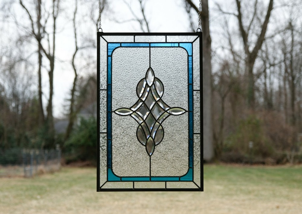 Handcrafted stained glass panel Clear Beveled window panel 16" x 24"