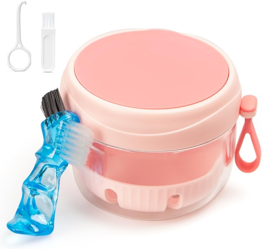 Denture Case, Leak Proof Denture Bath Cup for Travel, Pink Denture