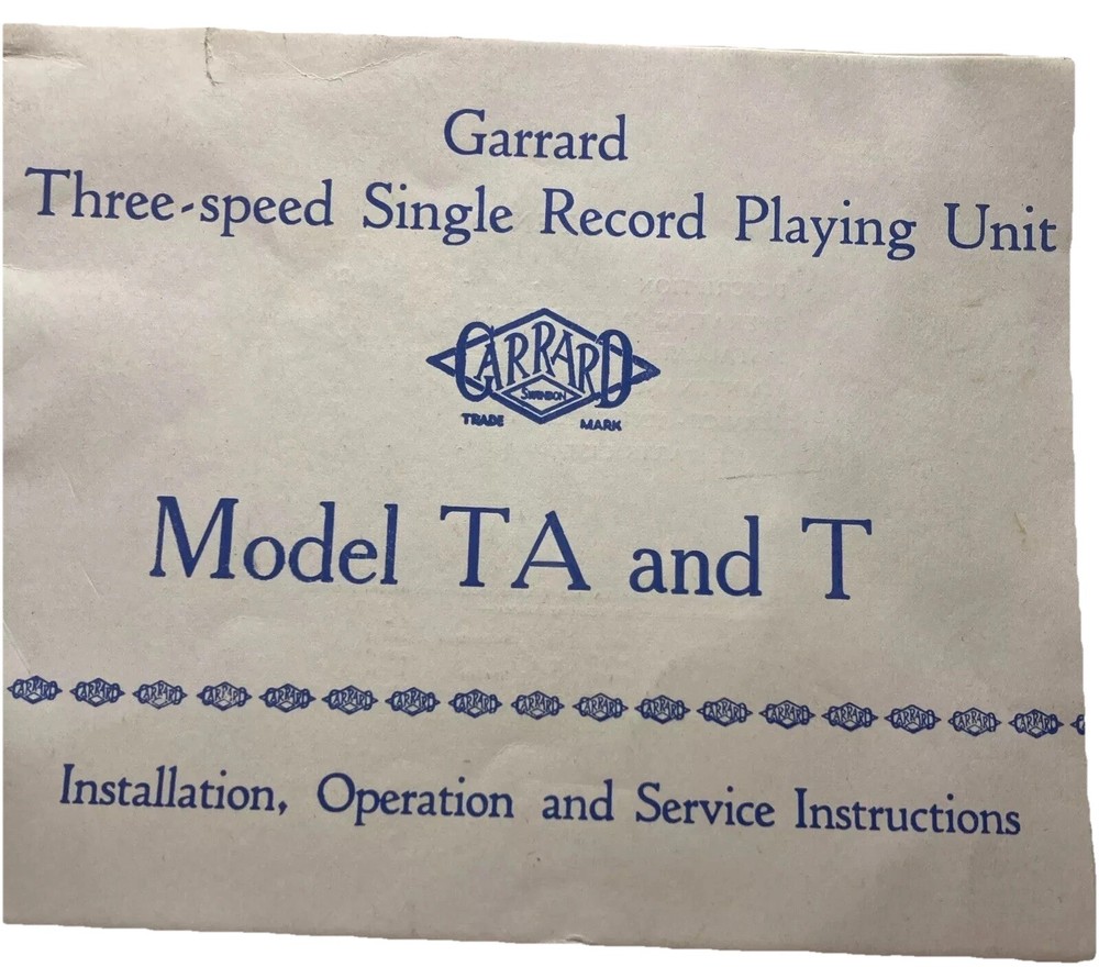 Garrard  three speed single record Playing Unit Instructions Model TA And T B3f2