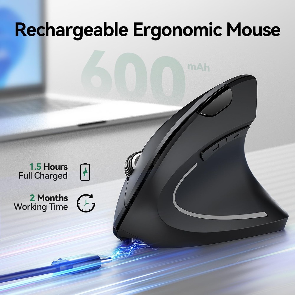 TECKNET Ergonomic Mouse, Rechargeable Vertical Ergo Mouse Wireless Black