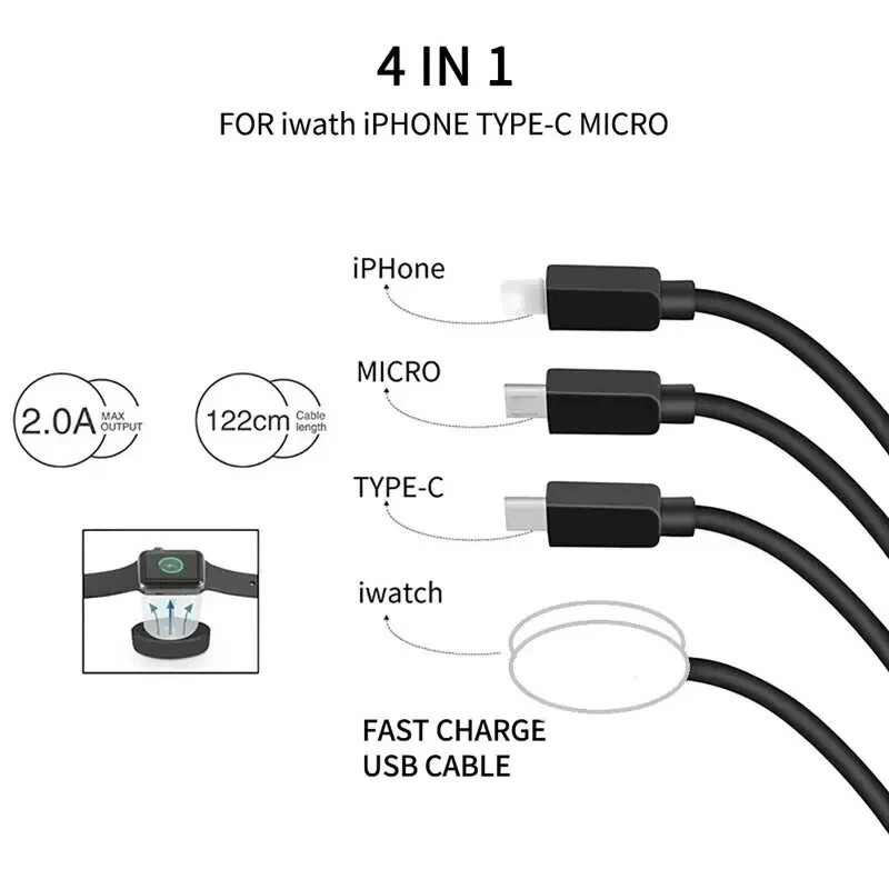 Universal Charging Cable Multi-Function iPhone USB Charger Cord 4 in 2 Fast -6ft