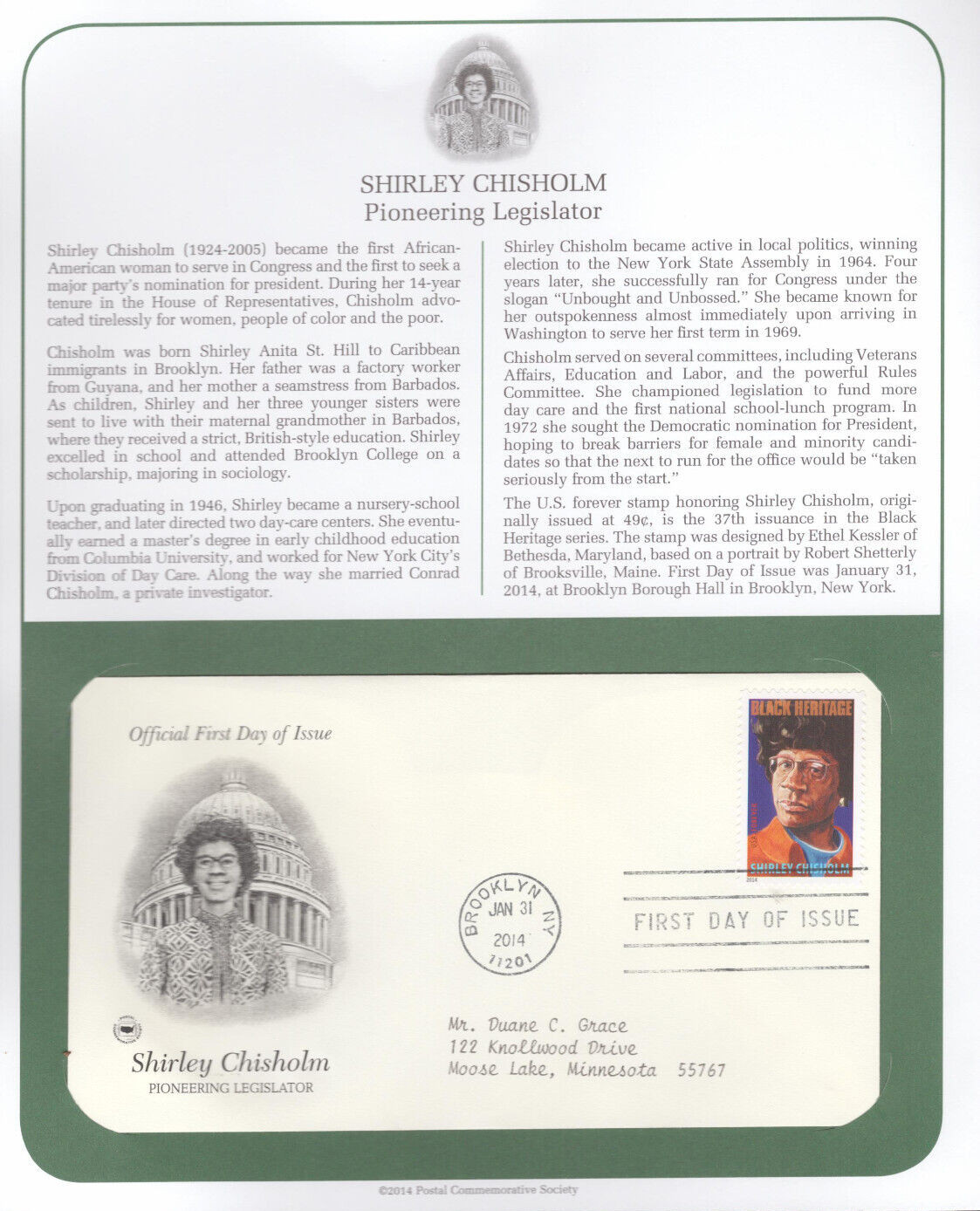 2014 FDC on Information Page - Black Heritage - Shirley Chisholm