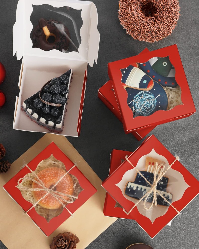 Red Bakery Boxes with Window 55pcs 4x4x2.5 Mini Cookie Boxes Macaron Boxes Sm...