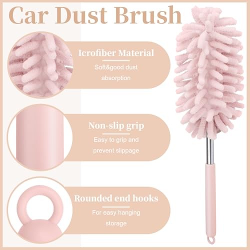 2 PCS Car Interior Duster with Extension Pole, Microfiber Car Duster with Pink