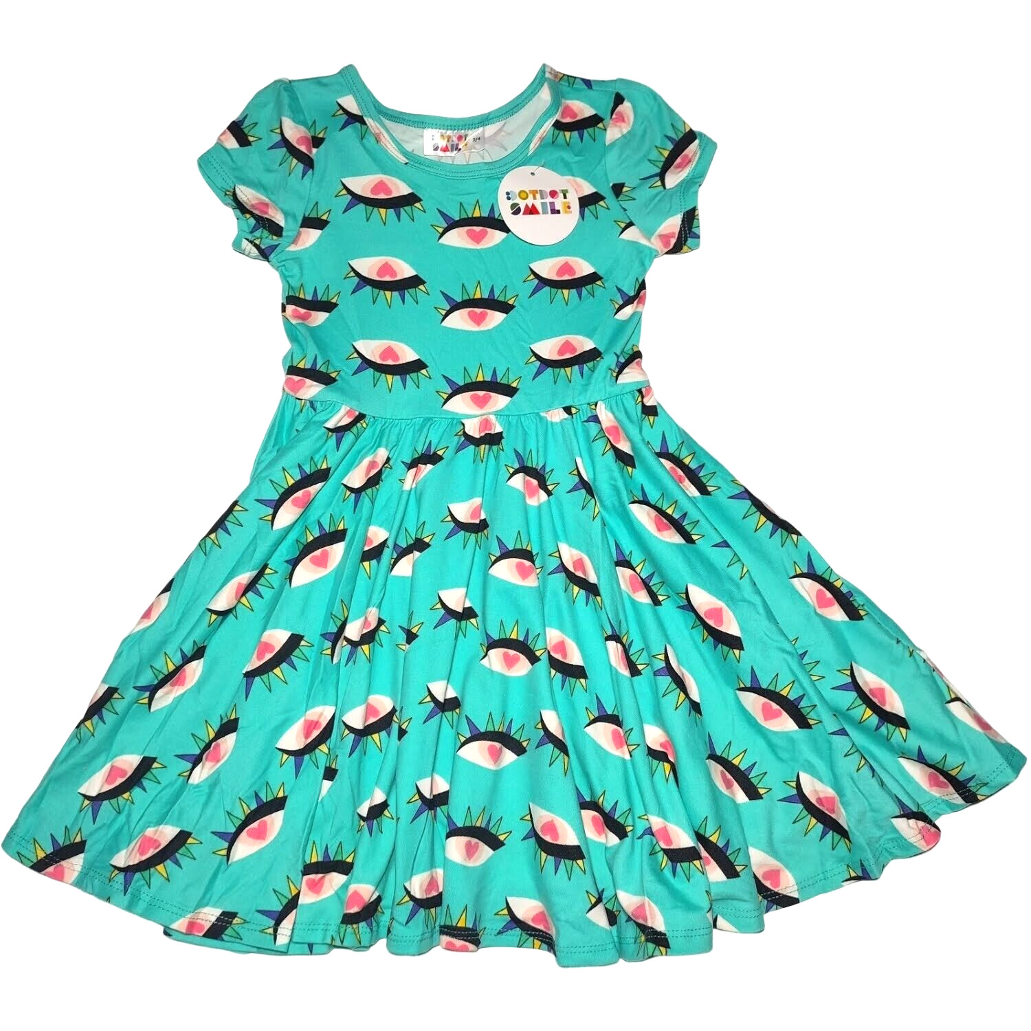 Dot Smile Girls 3 4 Teal Green Spike Eye Heart Cap Sleeve Twirl Dress SOFT NWT