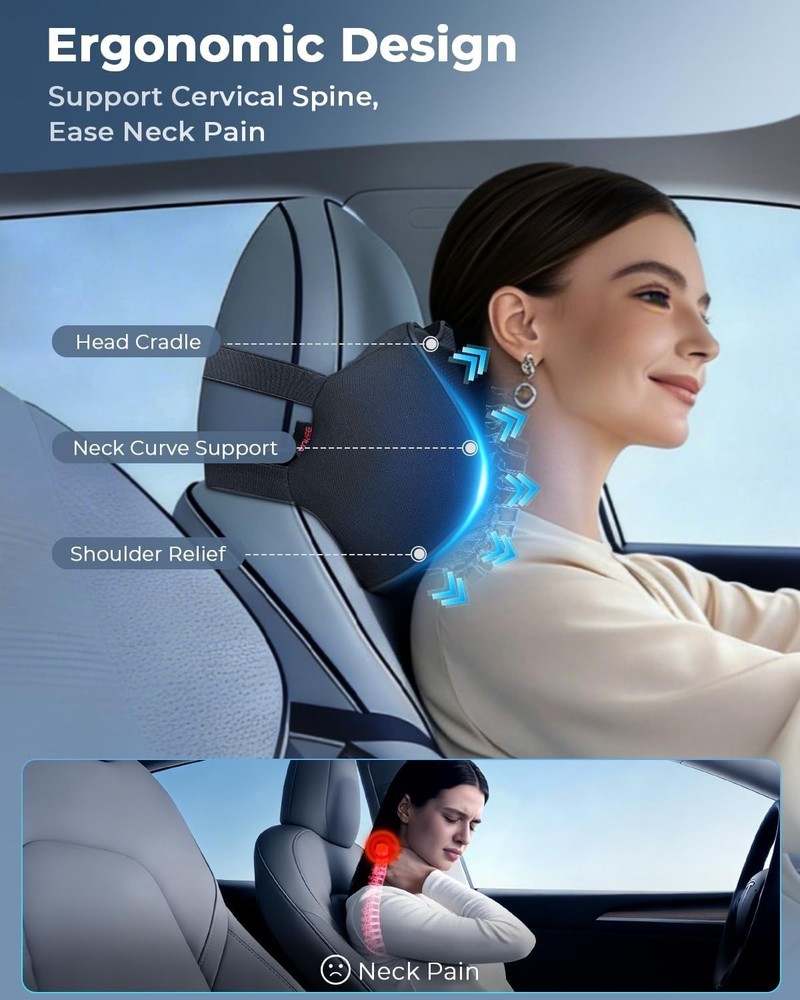 Car Headrest Pillow Memory Foam Car Neck Pillow with Adjustable Strap Soft Le...