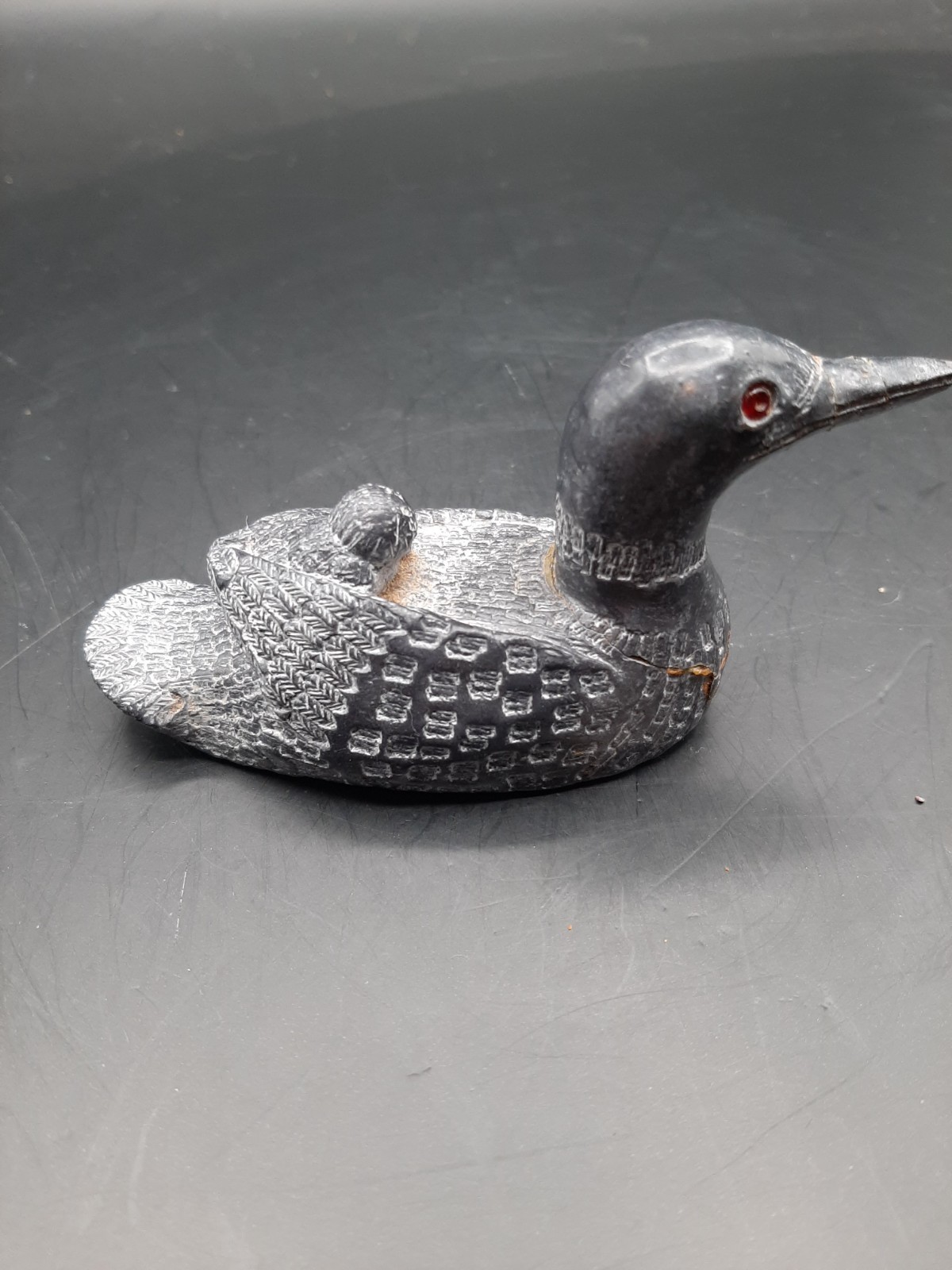 2 Wolf Original Carvings of a Loon with baby on it's back, Canada, 3 3/4" x 2"