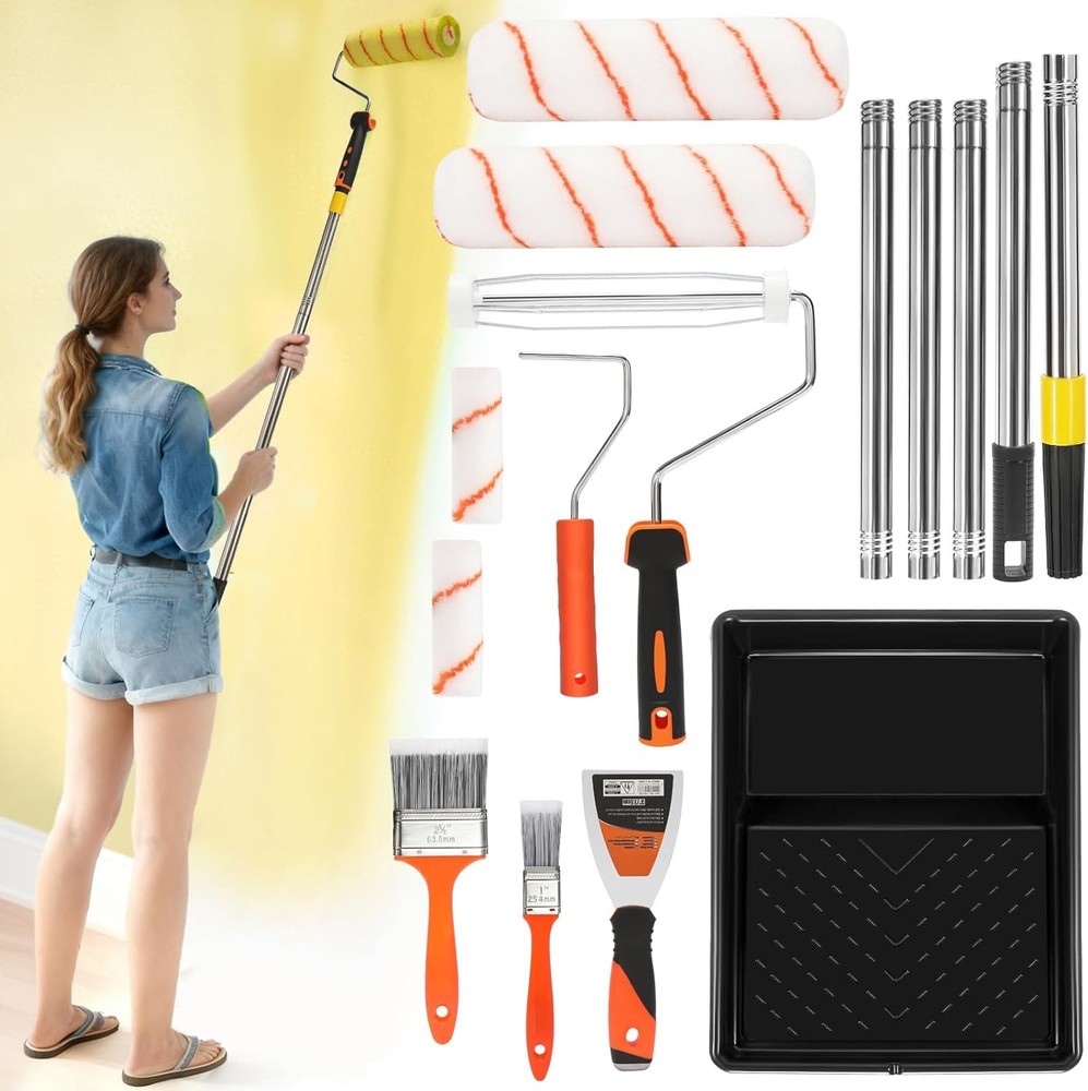 Paint Roller kit, Paint Roller Extension Pole 5ft,Paint Brushes,Paint Rollers 9"