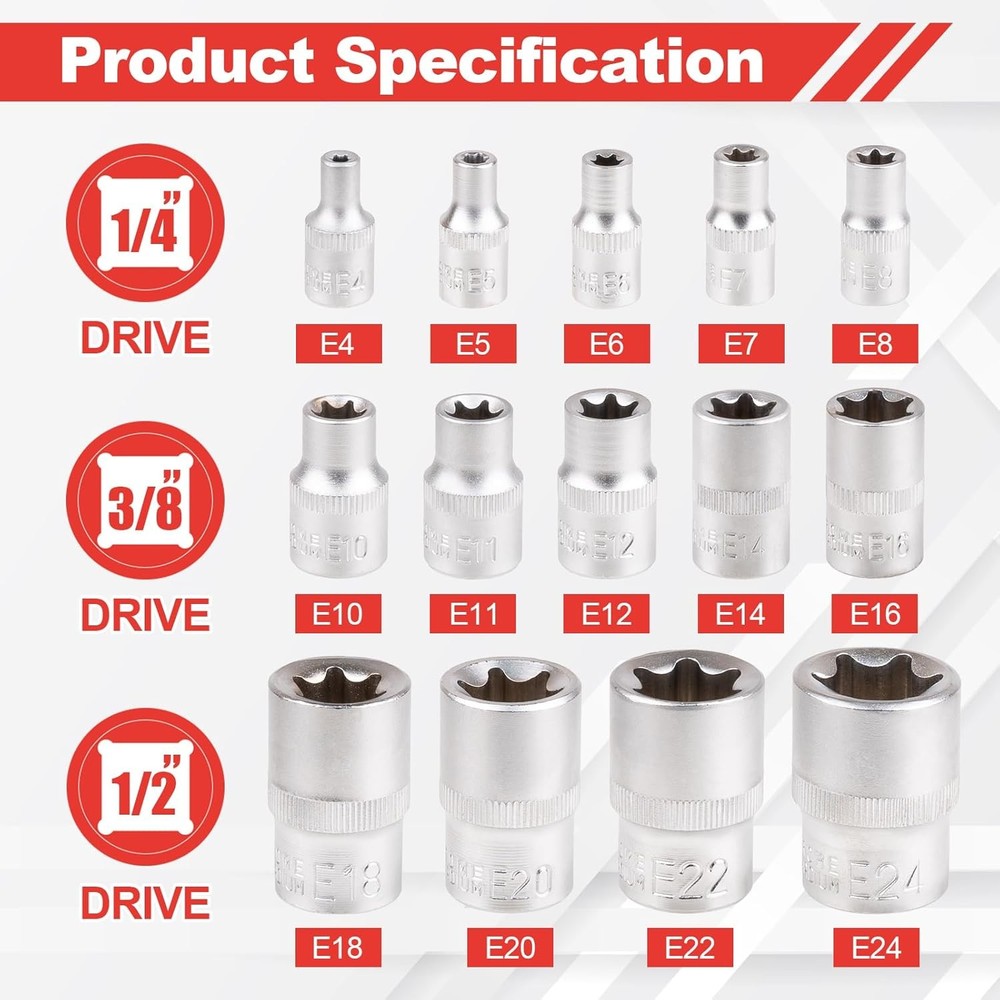 14PC E-TORX Socket Set Female Torx Socket Set Ultimate Torque Star Socket E4-E24