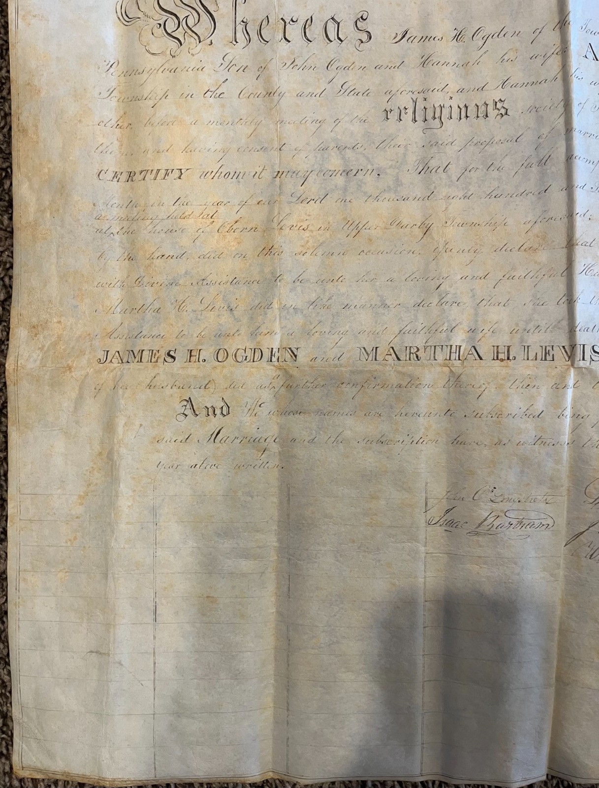 Rare Vintage Quaker Marriage Certificate Late 18th Century Delaware County PA!