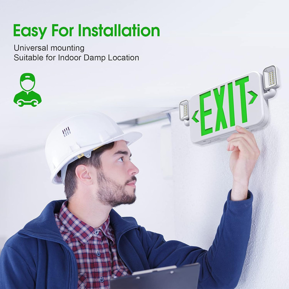 Led Combo Emergency Exit Sign Light with Two Adjustable Head Lights and Backup B