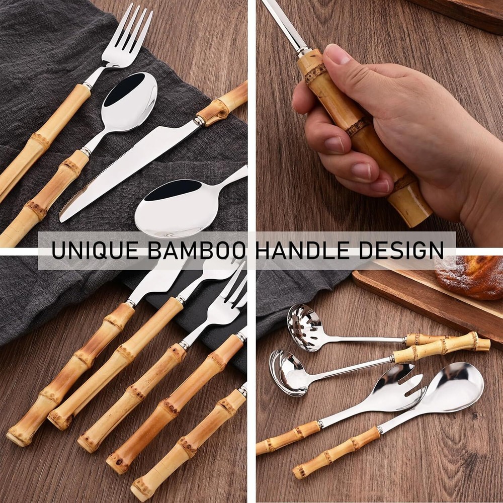 Bamboo Handle Silverware Set 30 Pcs Set for 6 Stainless Steel Flatware Set