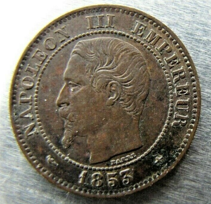 France 2 Centimes 1853-BB (Strasbourg) toned EF
