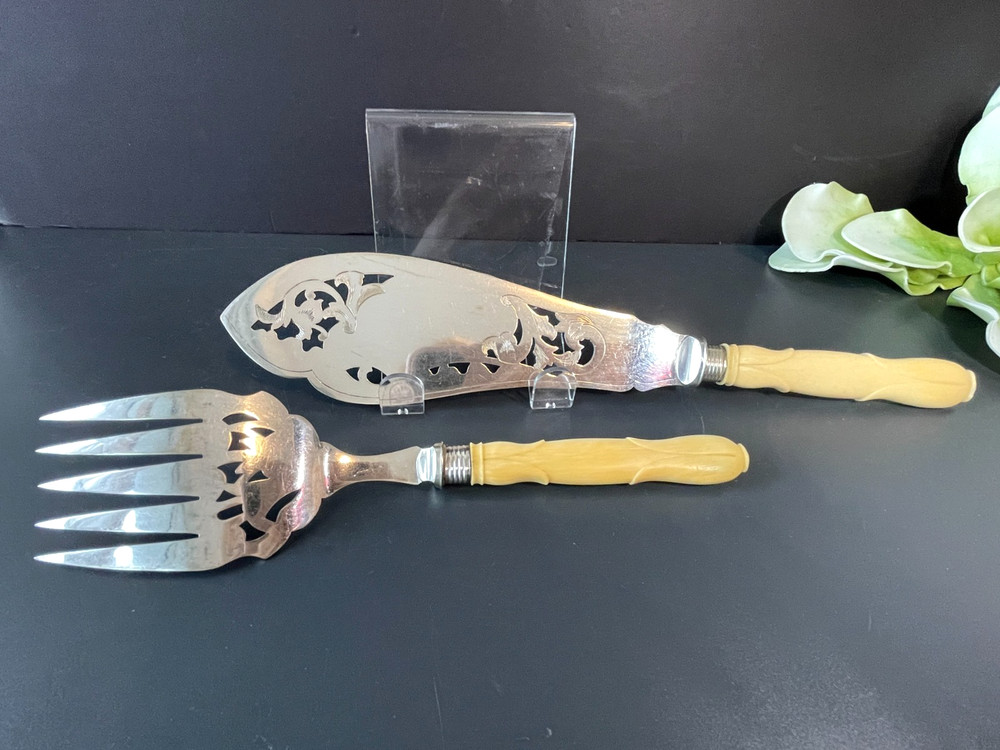 Antique Victorian Silver Plate Serving Fish Knife & Fork Set
