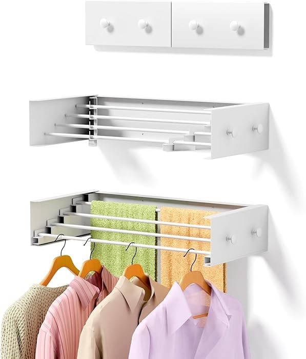 Small Wall Mounted Drying Rack with 4 Hooks, 23.6" Compact Foldable Laundry Rack