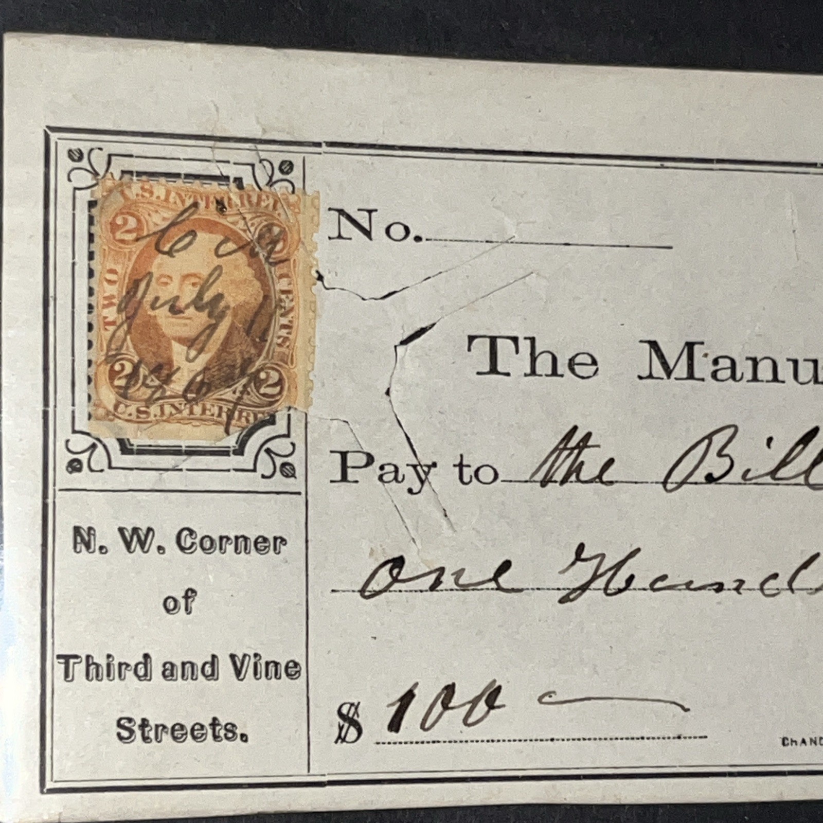 SET OF FIVE HISTORIC PHILADELPHIA REVENUE STAMPED CHECKS 1865-1873 US 2c STAMPS