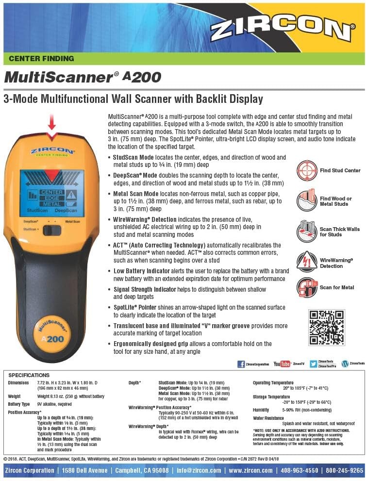 Zircon MultiScanner A200 – Electronic Wall Scanner Stud Finder & Metal Detecto