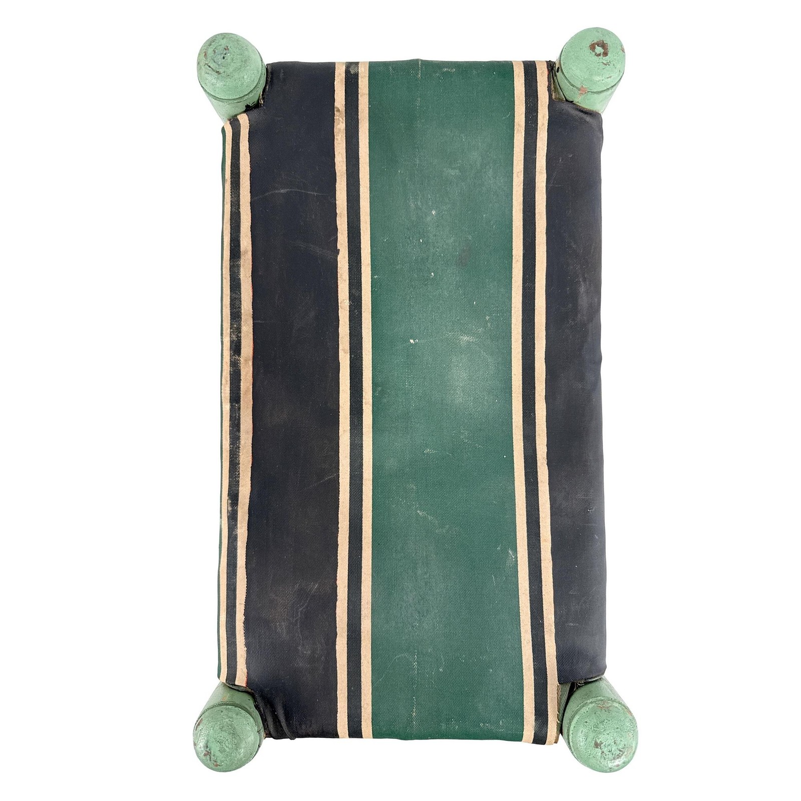 Vtg 30s Turquoise Green Painted Wooden Stool Striped Straw Stuffed Oilcloth Seat