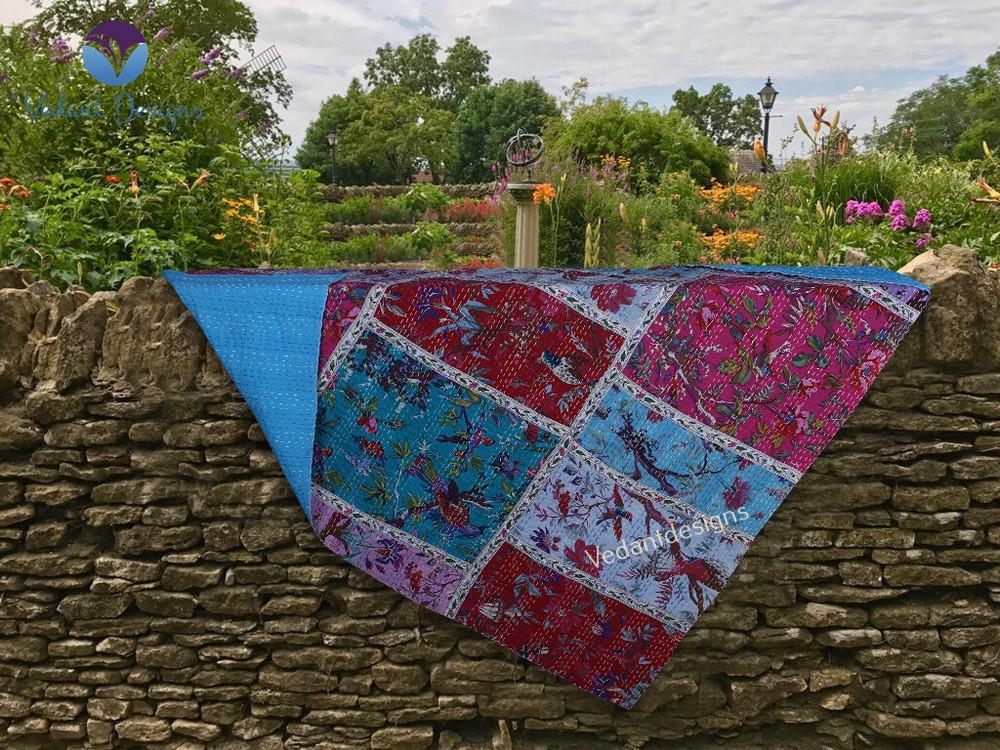 Indian Patchwork Kantha Quilt Handmade Bedspread Reversible Blanket Throw Gudri
