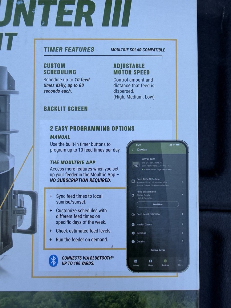 Moultrie Pro Hunter III Deer Feeder Kit Quicklock Adapter Bluetooth Connect