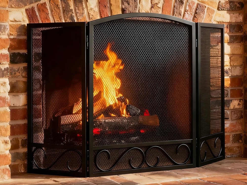 3 Panel Fireplace Screen Wrought Iron 48" W X 29" H Foldable Heavy Duty Fire Spa