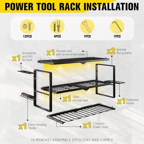 Heavy Duty Wall Mount Tool Organizer - 300Lbs Capacity, 3 Layers, 7 Drill Holder