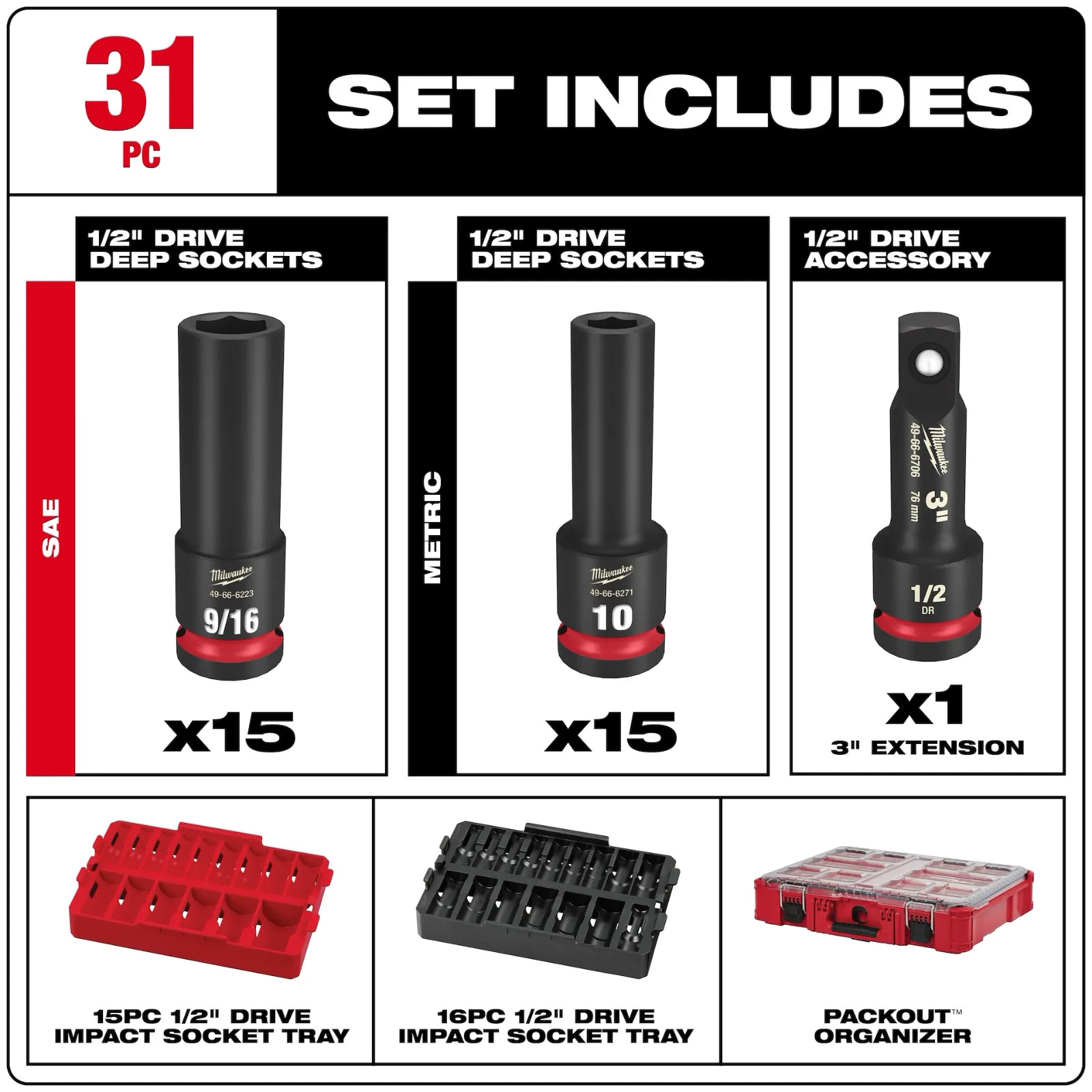 Milwaukee 49-66-6806 SHOCKWAVE Imp Socket 1/2Dr 31PC PACKOUTSET AUTH USA DEALER