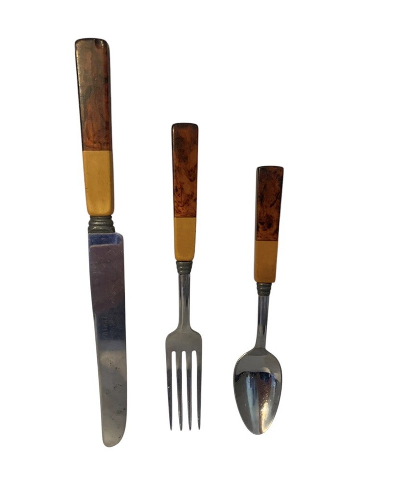 Vintage Butterscotch Bakelite Two Tone Tortoise Silverware 3pc Fork Knife Spoon