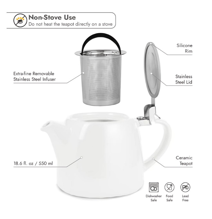 1 PC White Ceramic Teapot With Stainless Steel Infuser Heat Resistant, Tea Maker