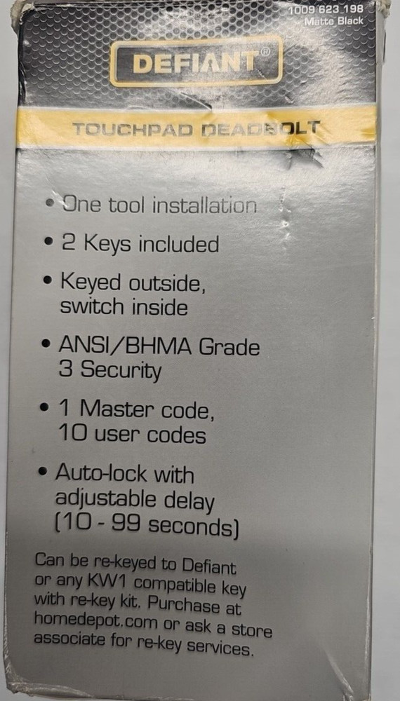 Defiant Square Matte Black Compact Touch Electronic Single Cylinder Deadbolt