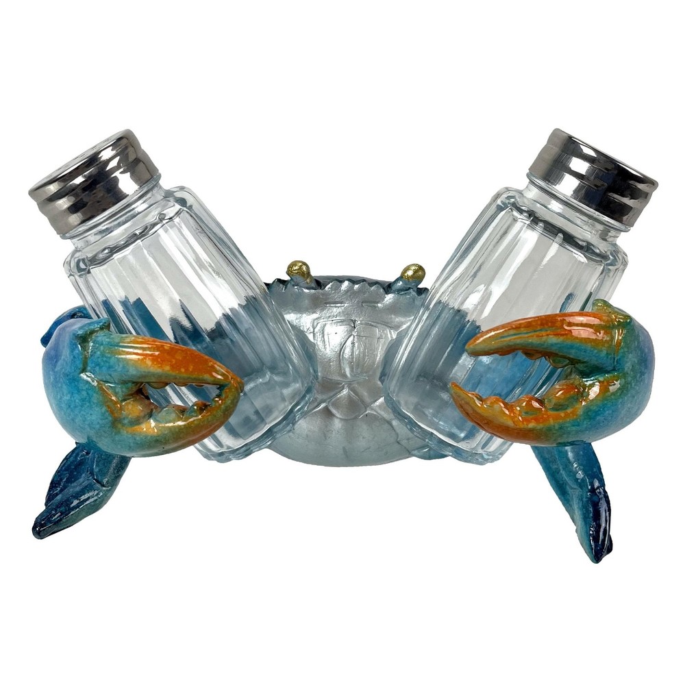 Resin Blue Crab Salt and Pepper Shaker Set – Mottled Blue Finish with Silv