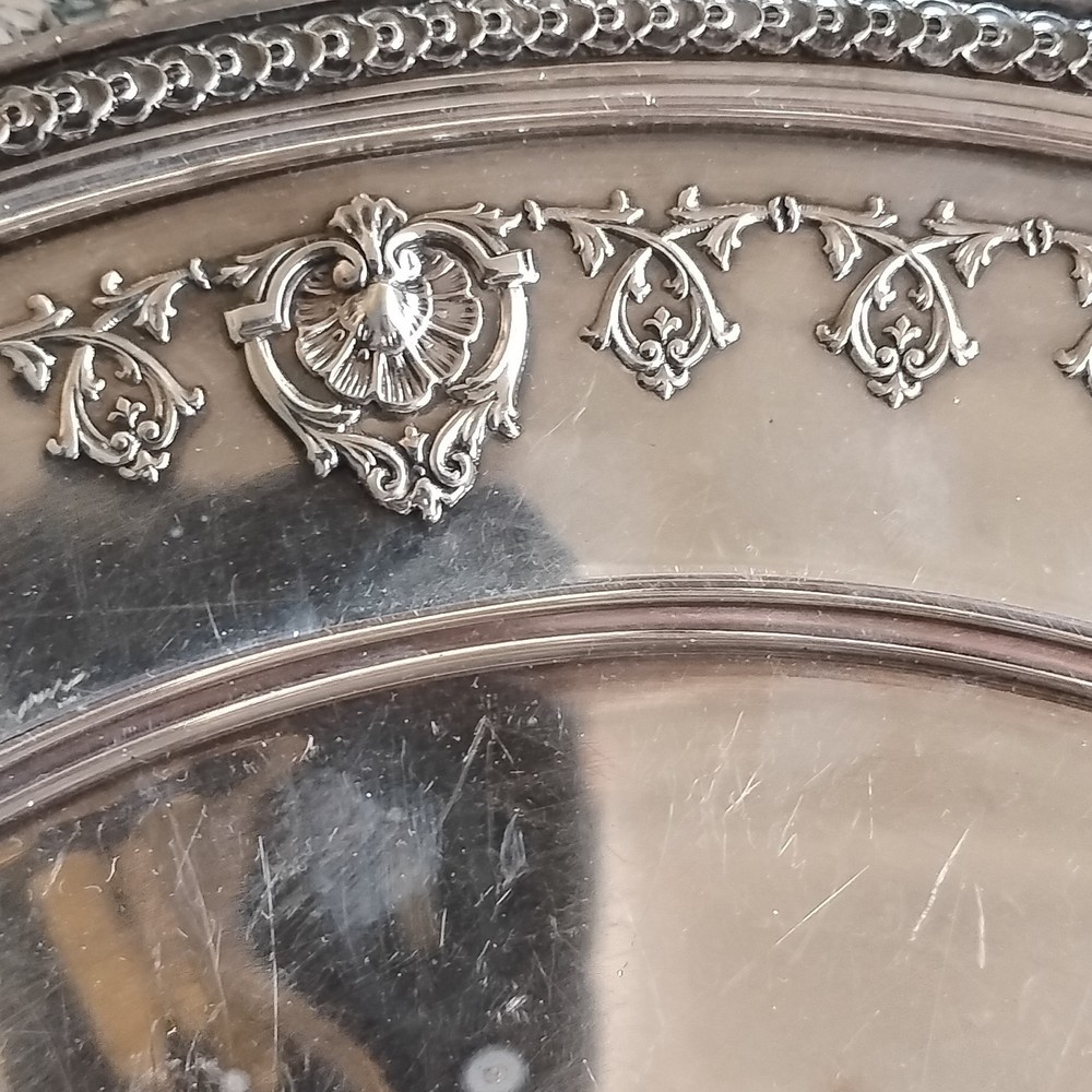 Silver Plated Decorative Tray with Ornate Border, Marked 1705
