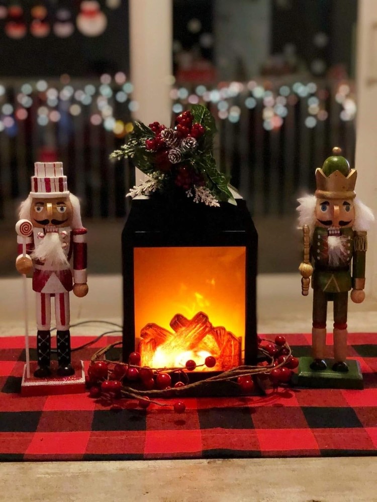 Black Tabletop Fireplace Lantern, Realistic Flame, Timer, USB/Battery, Indoor...
