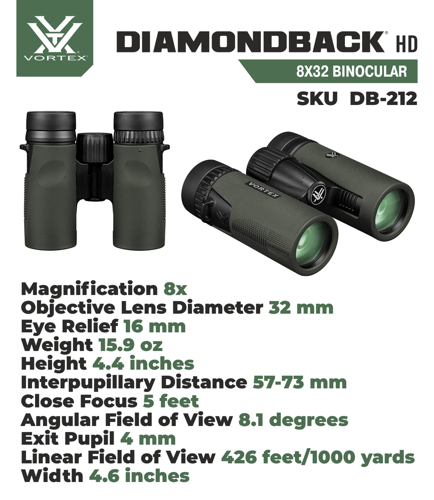 Vortex Optics Diamondback HD 8x32 Binocular with Free Camo Forest Hat Bundle