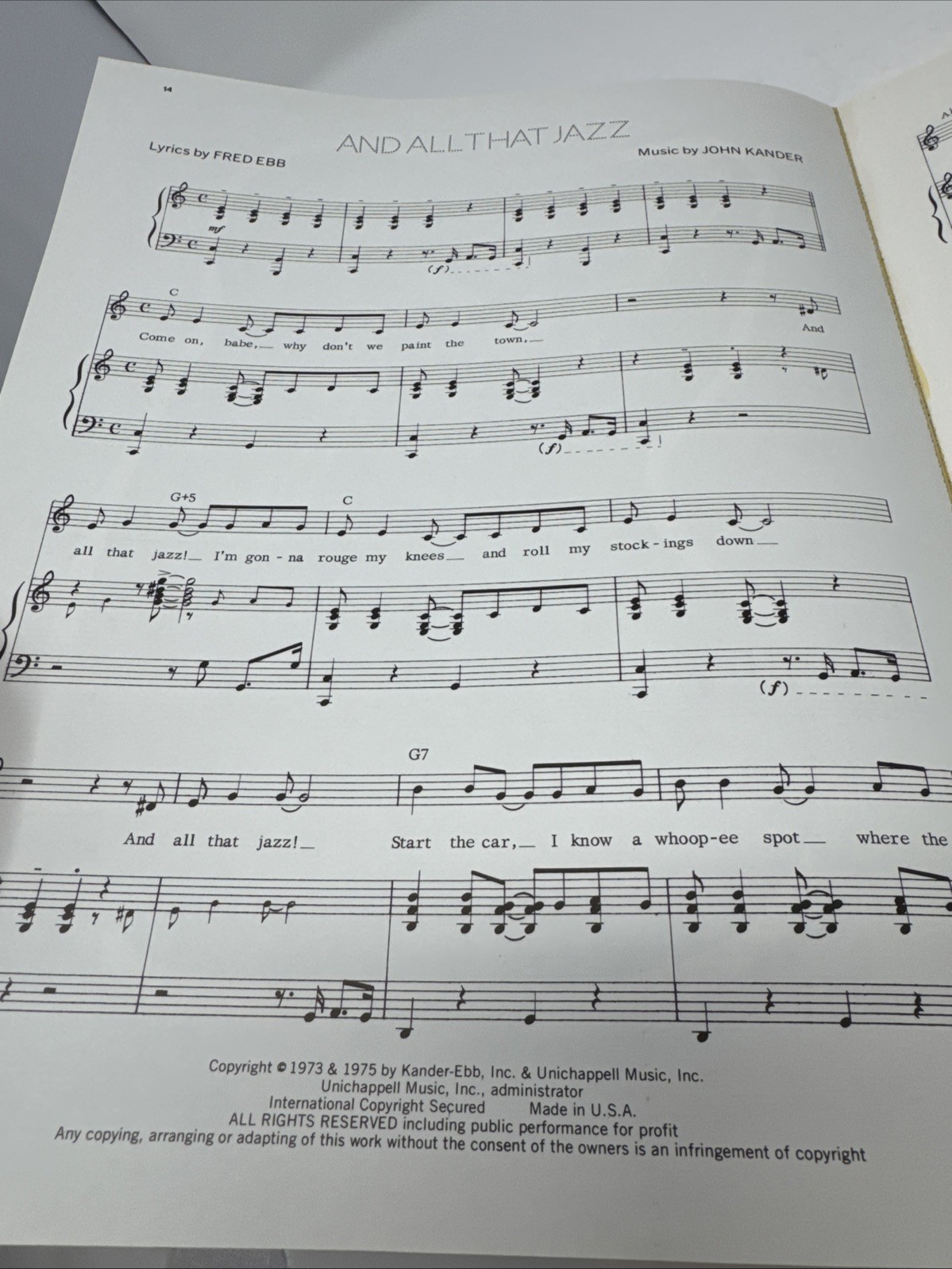 Chicago Vocal Selection Sheet Music Vintage 1975 Opening Night Performance