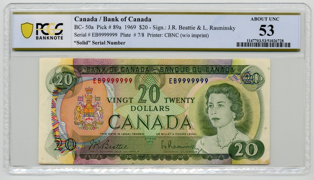1969 $20 Canada SOLID SERIAL NUMBER EB 9999999 PCGS About UNC 53