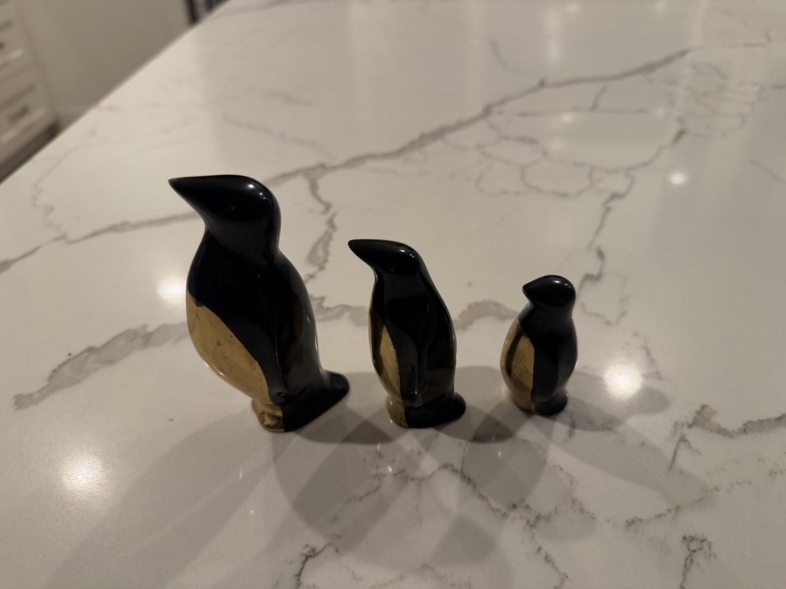 Vintage Brass & Enamel Penguin Figurines Set of 3 Black & Gold Mid Century Style