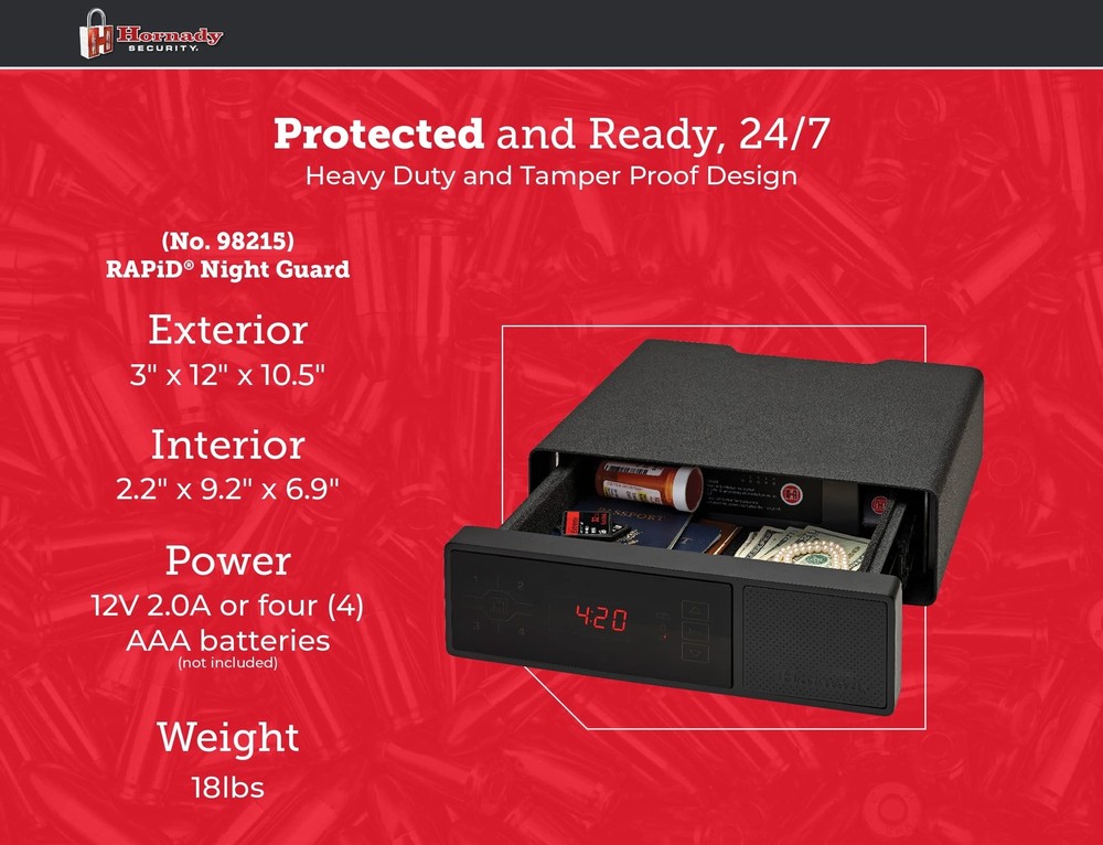 Hornady Rapid Safe Night Guard – Nightstand Gun Safe with RFID Reader, Clock,...