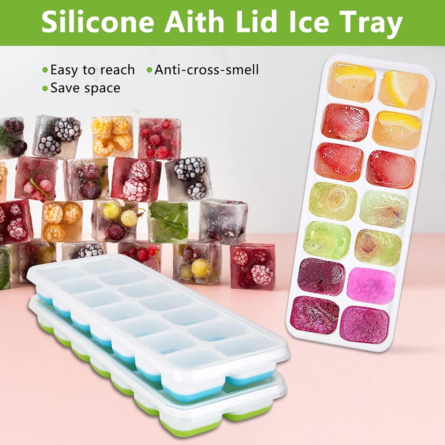 Ice Cube Tray with Lid, 4 Pack Durable Stackable Ice Cube Trays for Freezer with