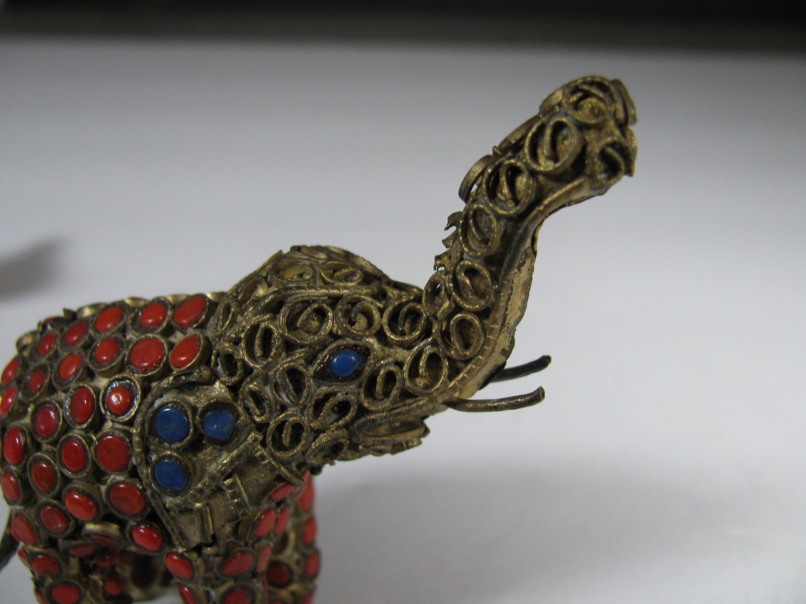 Lot 2 Vintag Tibet or Nepal Elephant Brass Lapis Coral Inlaid Filigree Figurine